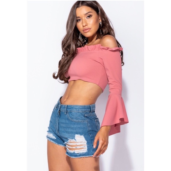 Flare Sleeve Cropped Bardot Top - Picture 5 of 8